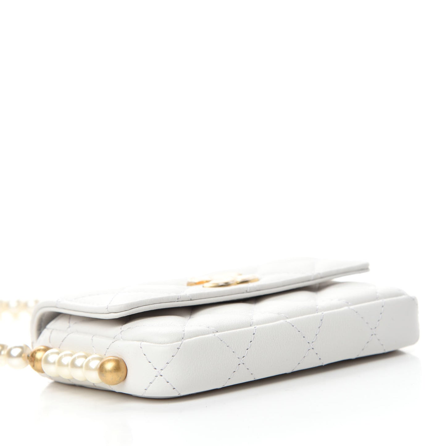 Calfskin Quilted About Pearls Card Holder Flap With Chain White