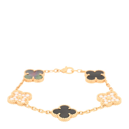 Van Cleef & Arpels 18K Yellow Gold Diamond Gray Mother of Pearl 5 Motifs Vintage Alhambra Bracelet 1 of 4