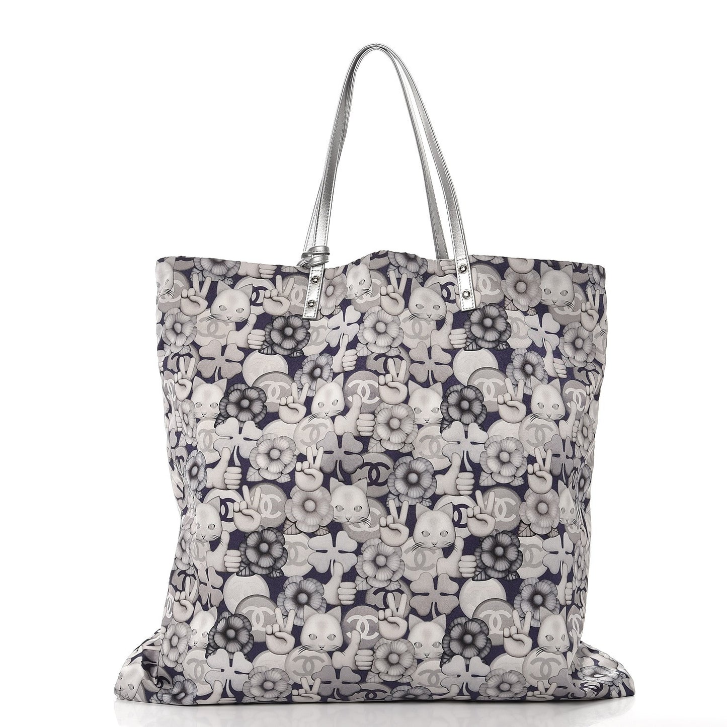 Nylon Cat Emoticon Tote Navy Silver
