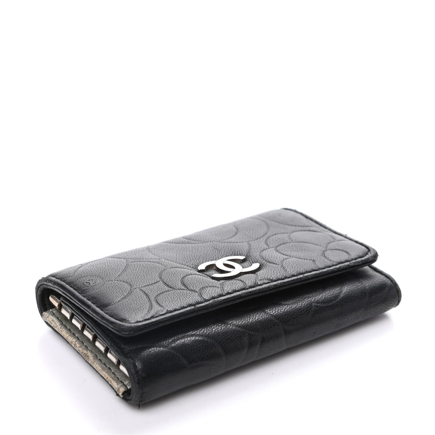 Lambskin Camellia Embossed 6 Key Holder Black