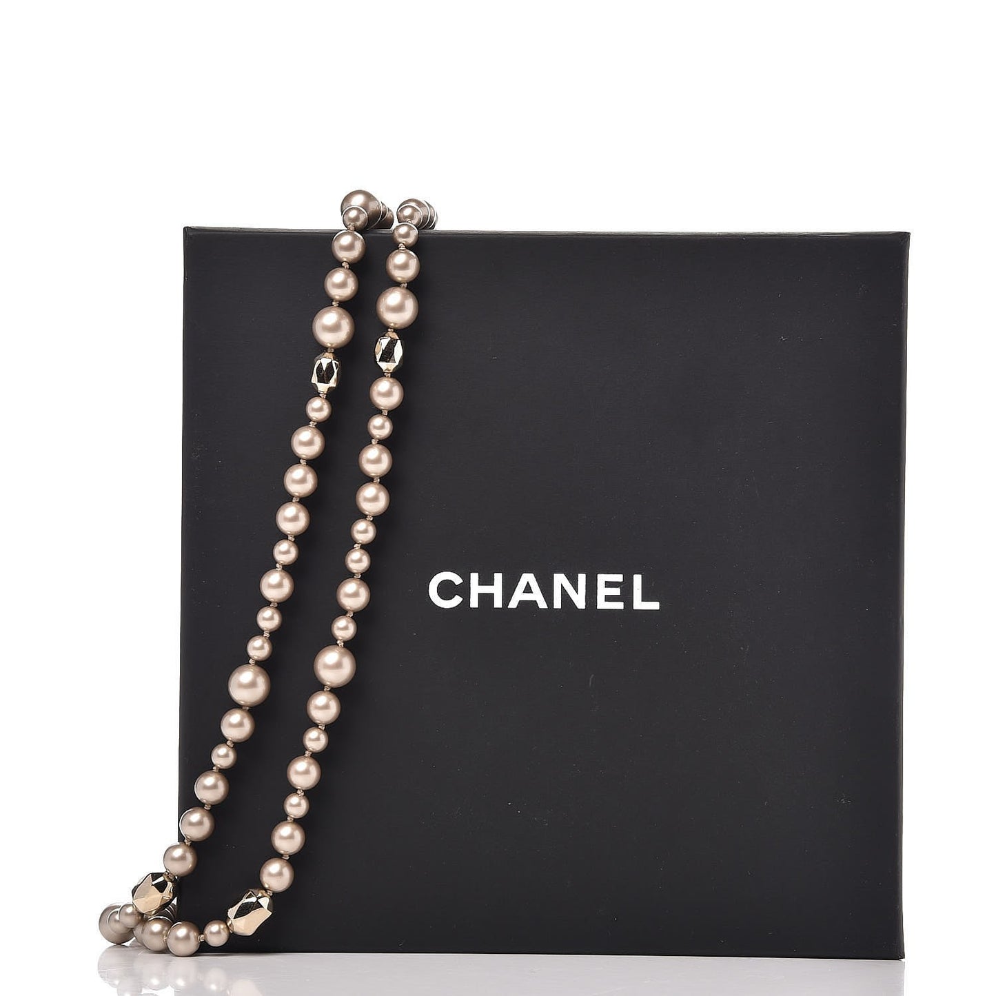 Pearl CC Long Necklace Gold Pearly Beige