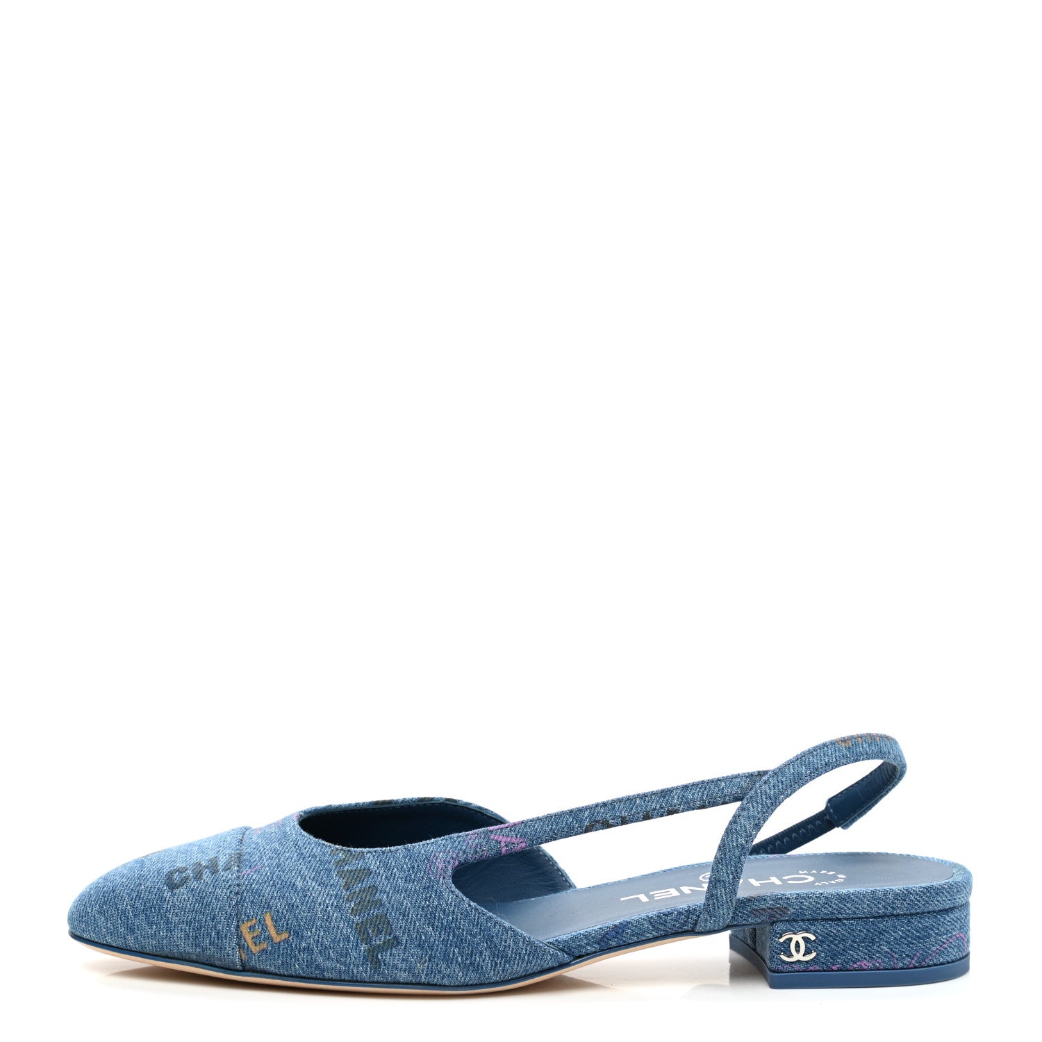 Chanel Denim Cap Toe CC Slingback Flats 38 Light Blue Multicolor 1 of 10