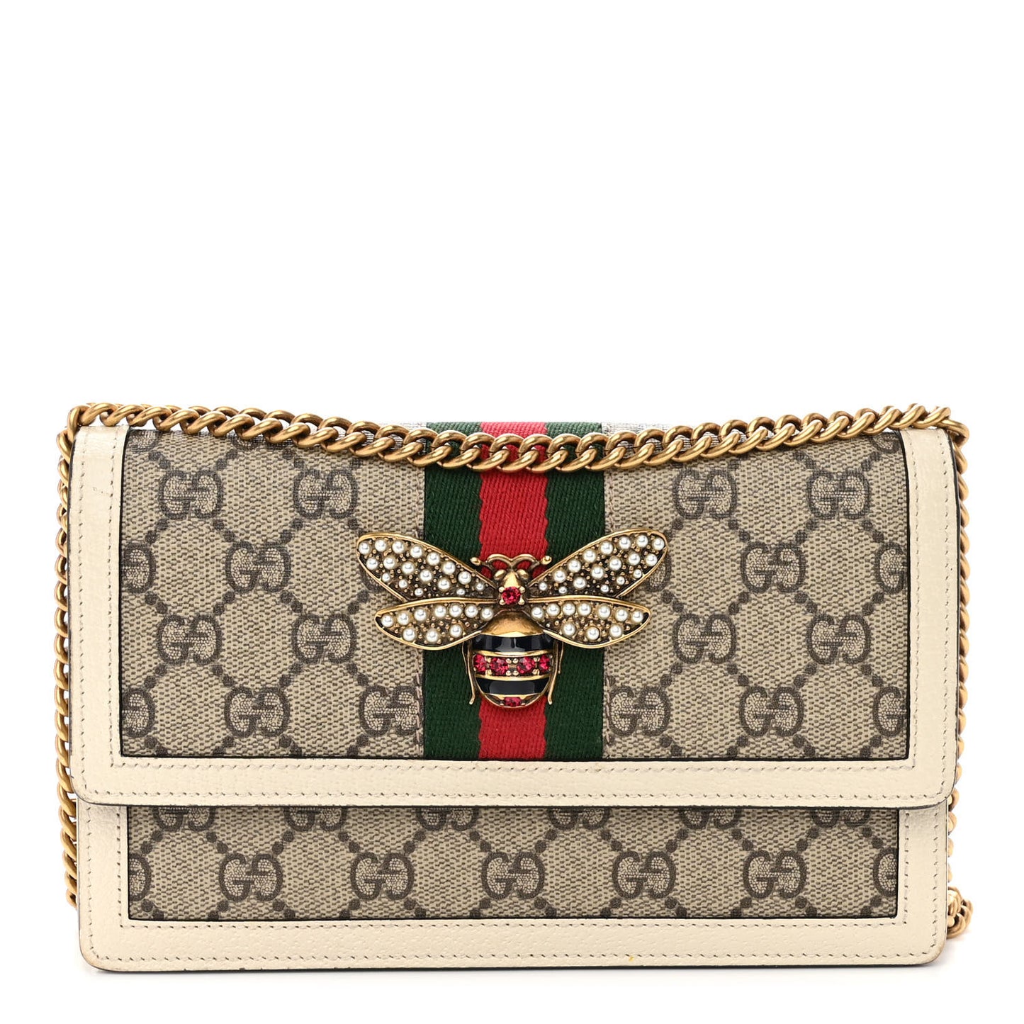 GG Supreme Monogram Web Queen Margaret Chain Wallet White