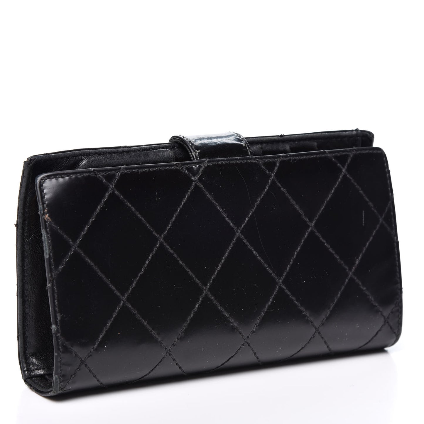 Glazed Calfskin Diamond Stitched French Wallet Black