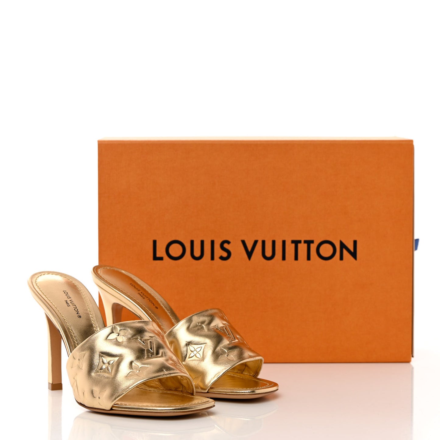 Metallic Lambskin Embossed Monogram Revival High Heel Mules 37 Gold