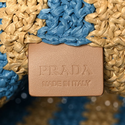 Prada Yarn Raffia Effect Crochet Striped Small Logo Tote Naturale Celeste 5 of 7