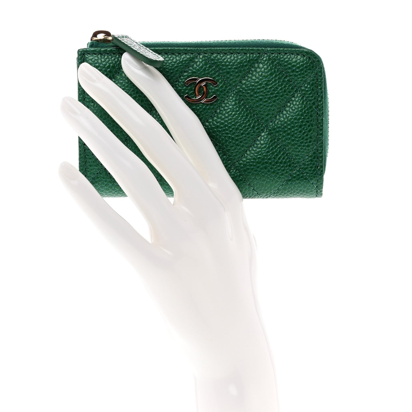 Iridescent Caviar Quilted Zipped Key Holder Case Green