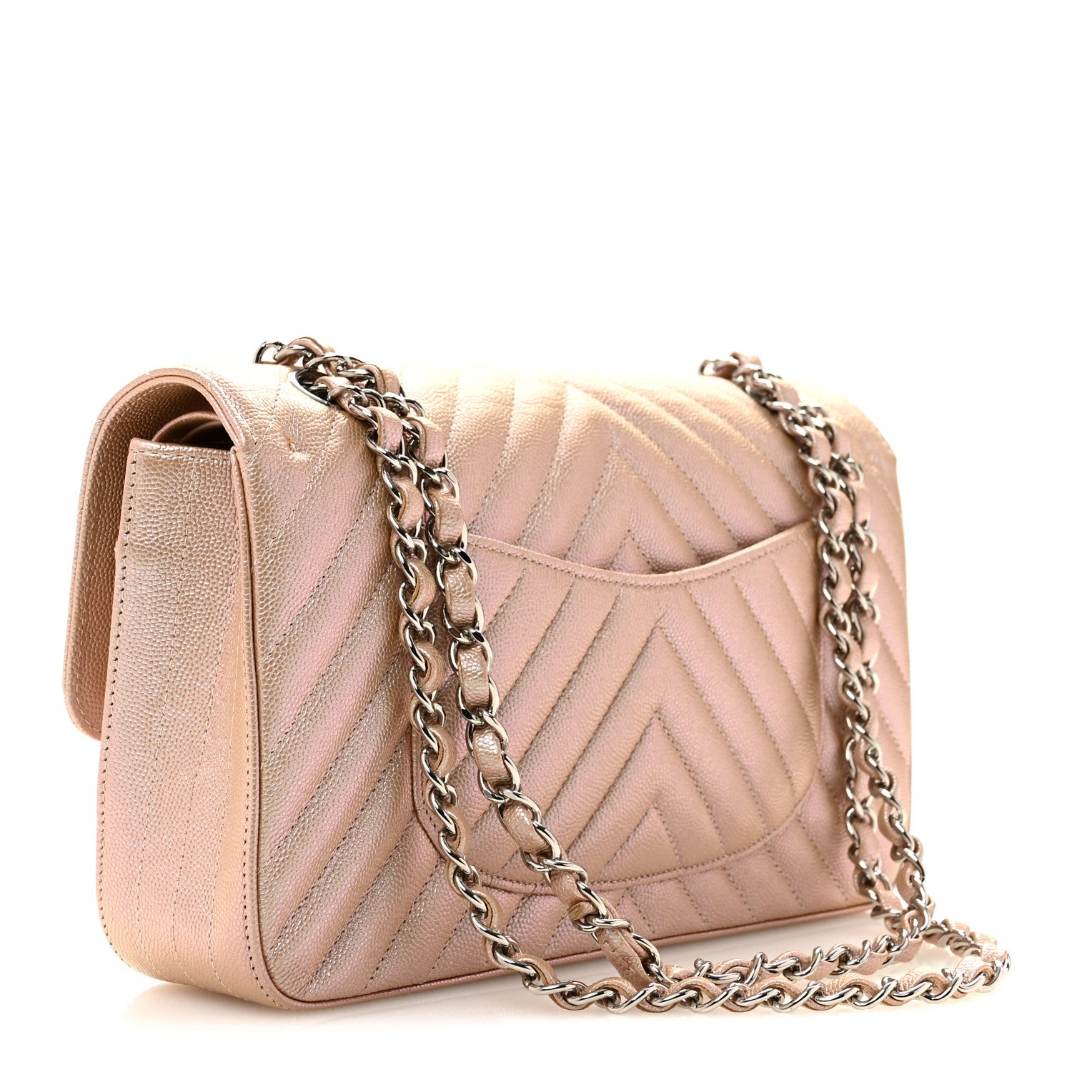 Chanel Metallic Caviar Chevron Quilted Medium Double Flap Light Gold 3 of 11