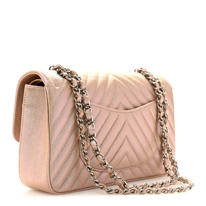 Chanel Metallic Caviar Chevron Quilted Medium Double Flap Light Gold 3 of 11