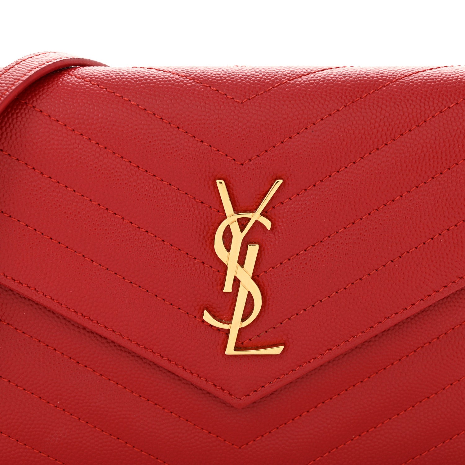 Saint Laurent Grain De Poudre Matelasse Chevron Monogram Envelope Chain Wallet  New Red 8 of 14