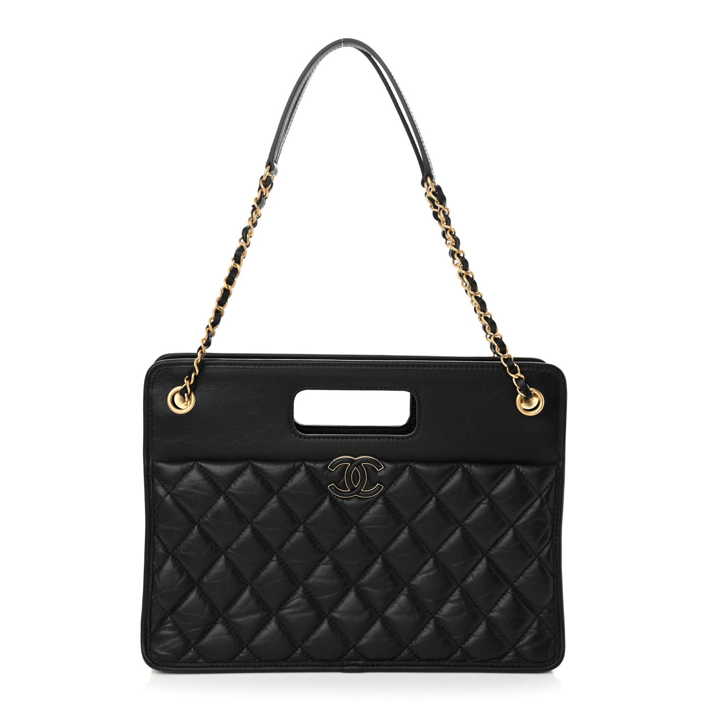 Aged Calfskin Quilted Graphic Catch Shopping Bag Black