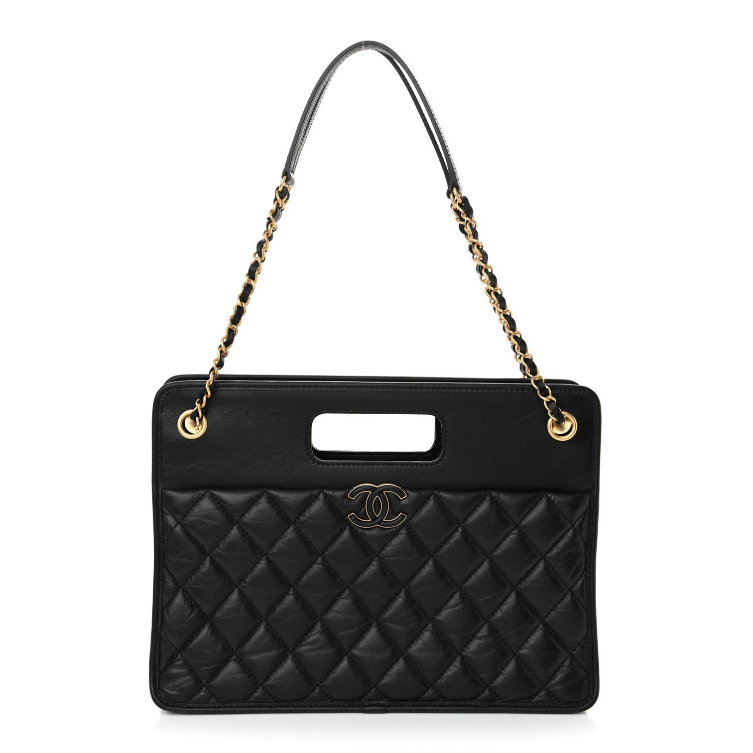 Chanel Aged Calfskin Quilted Graphic Catch Shopping Bag Black 1 of 11