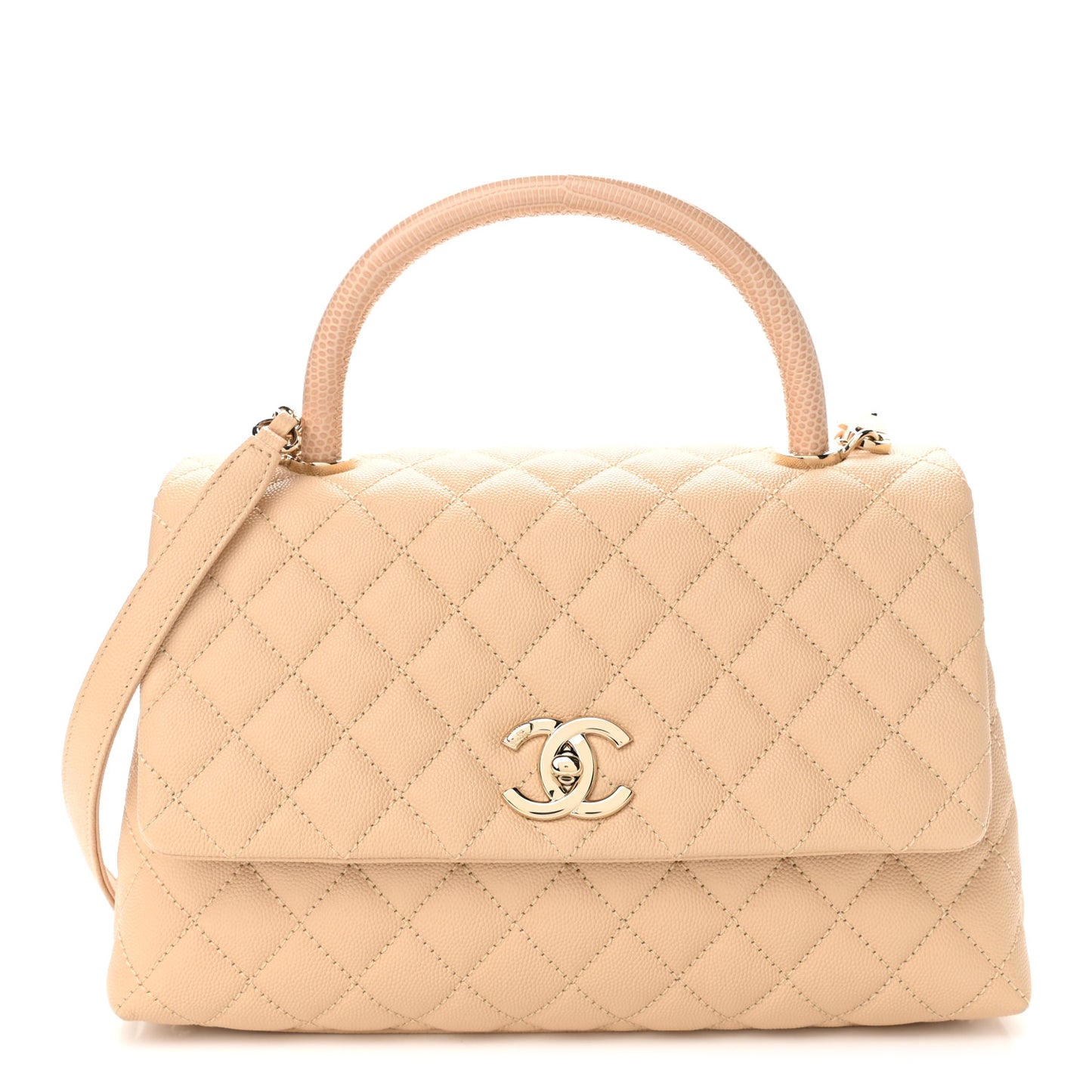 Caviar Lizard Embossed Quilted Small Coco Handle Flap Beige
