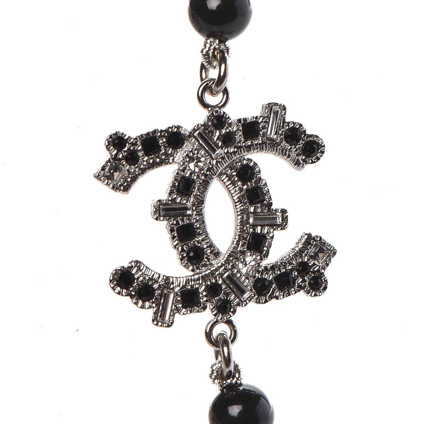 Baguette Crystal Beaded CC Long Necklace Black Silver