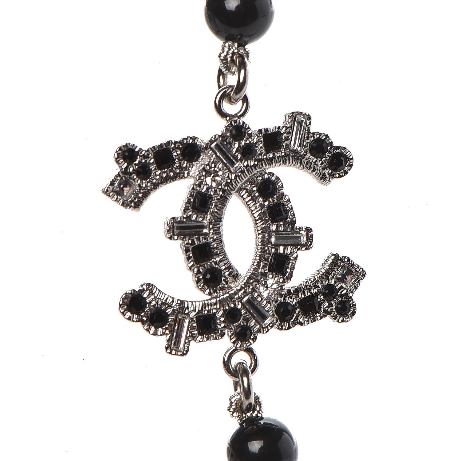 Chanel Baguette Crystal Beaded CC Long Necklace Black Silver 6 of 7