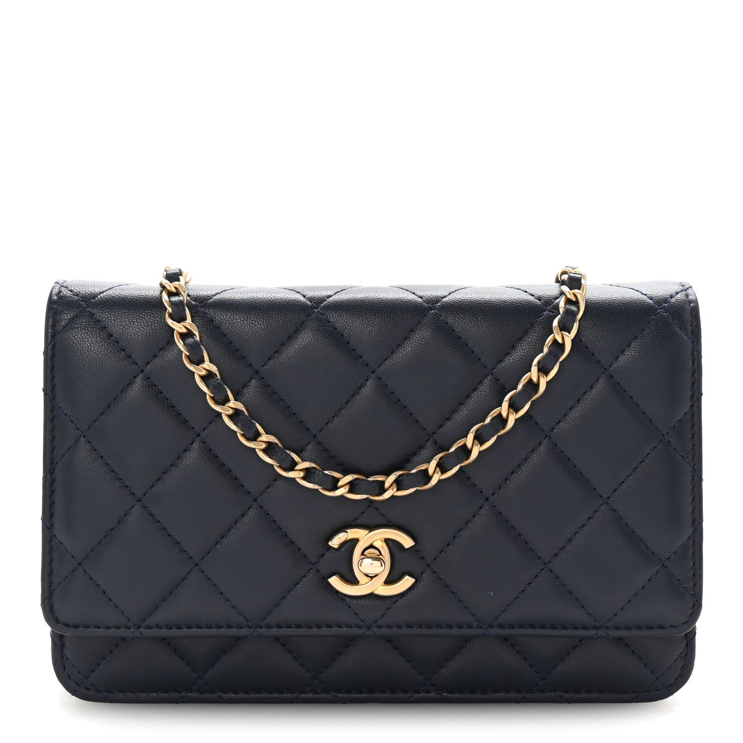 Lambskin Quilted Pearl Crush Wallet on Chain WOC Navy