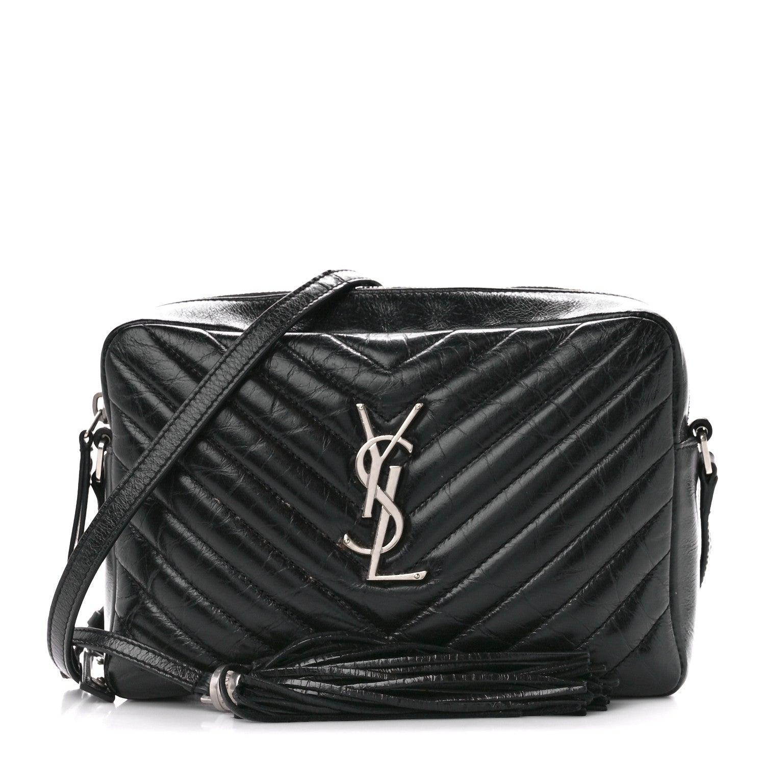 Saint Laurent Cracked Shiny Calfskin Matelasse Monogram Lou Camera Bag Black 1 of 13