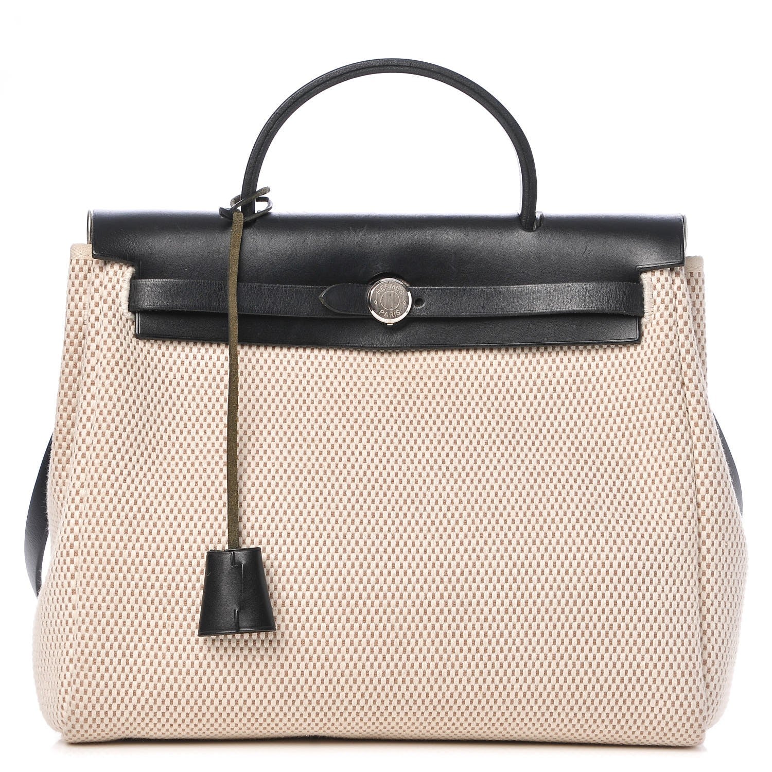 Hermes Toile Vache Calfskin Herbag 30 PM Black Natural 1 of 18