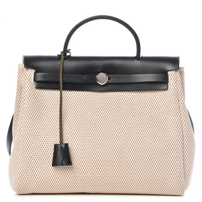 Hermes Toile Vache Calfskin Herbag 30 PM Black Natural 1 of 18