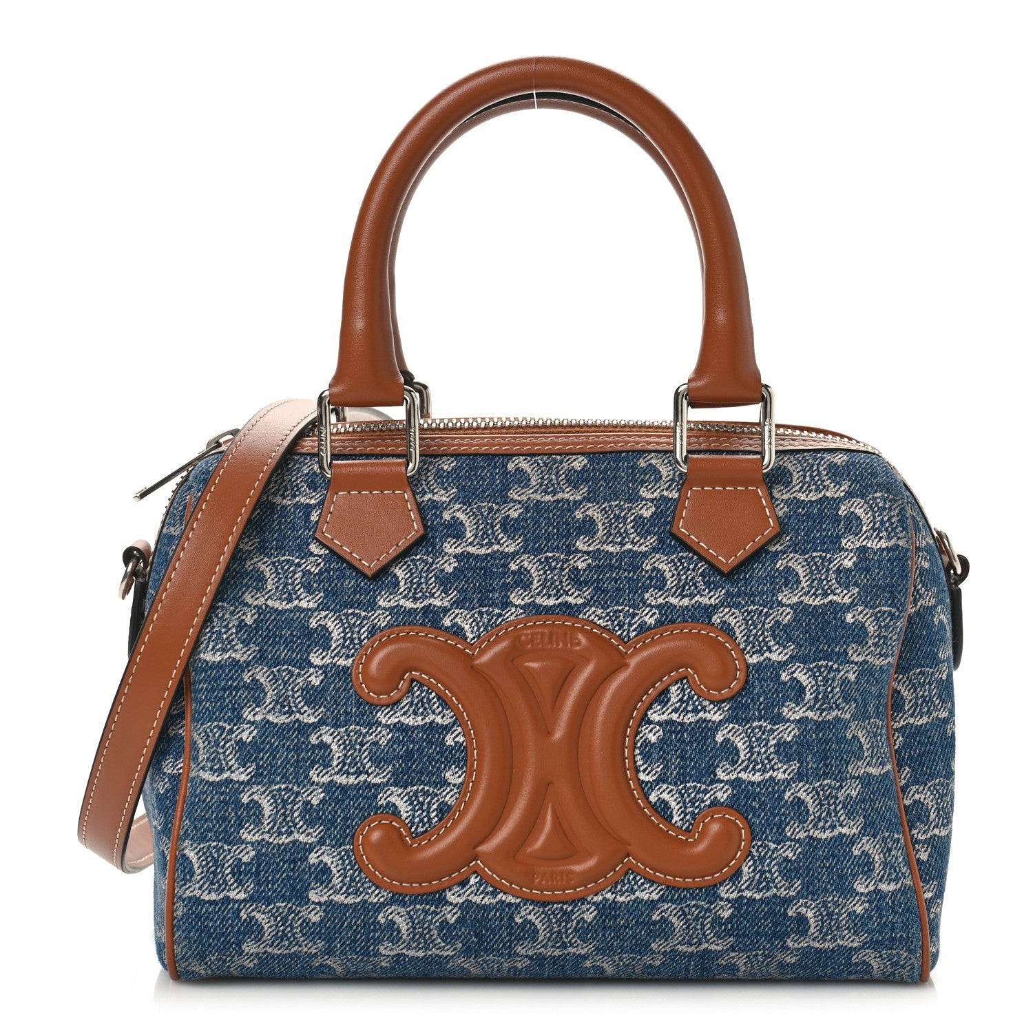 Celine Denim Triomphe All Over Calfskin Small Boston Bag 1 of 8