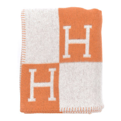 Hermes Wool Cashmere Signature Classic Avalon Blanket Ecru Potiron 1 of 3