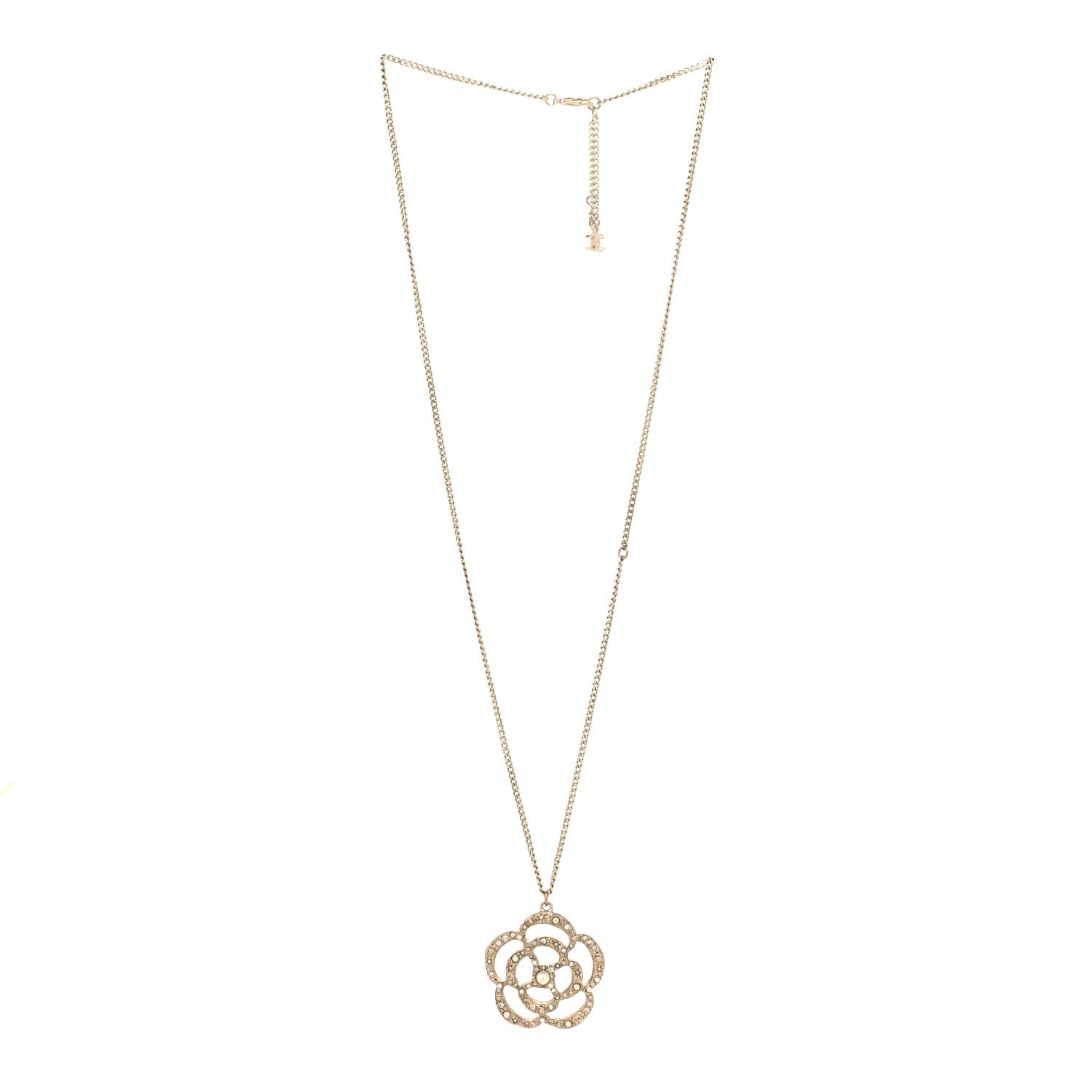 Chanel Pearl Crystal Large Camellia Pendant Necklace Light Gold 3 of 5