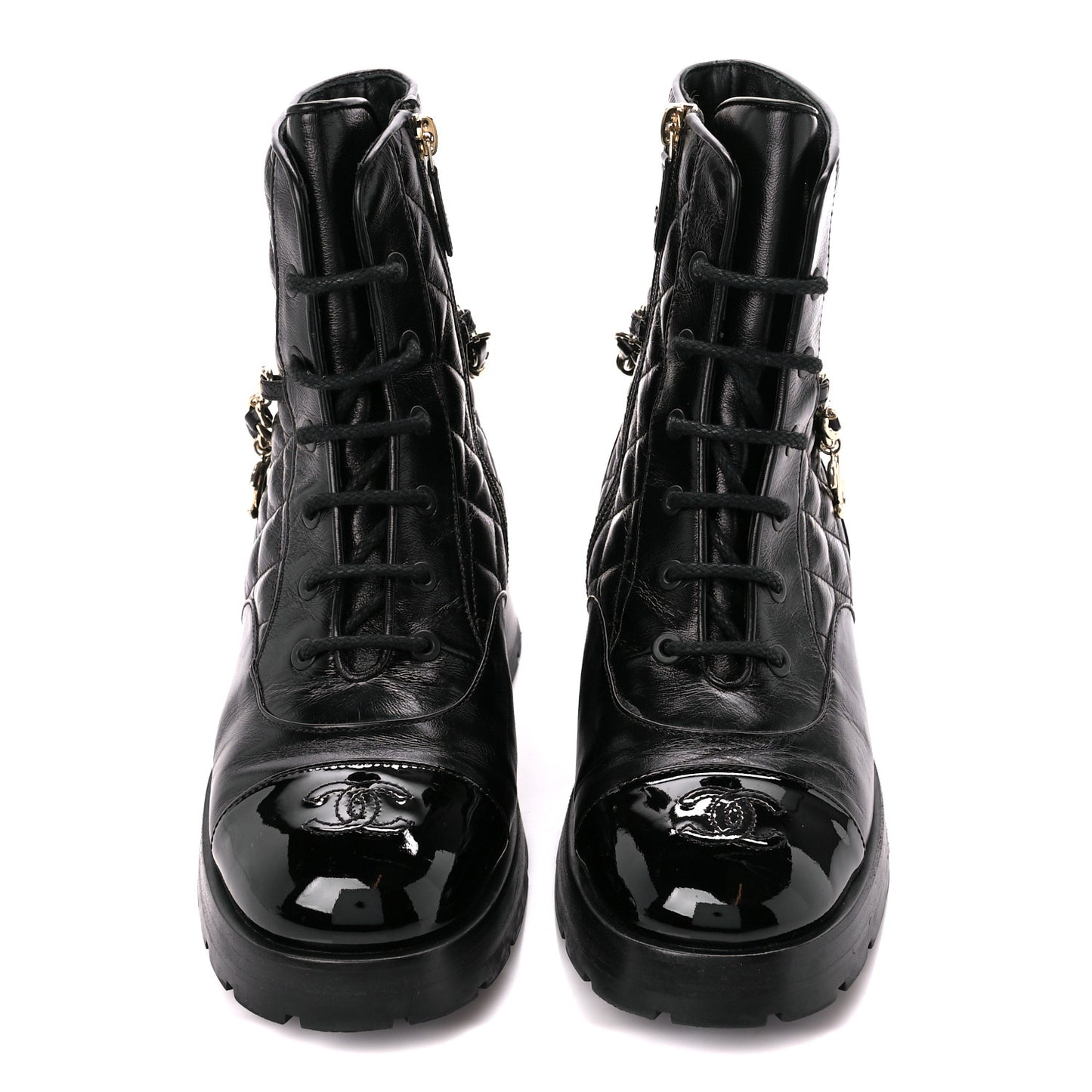 Shiny Calfskin Patent Quilted Chain Lace Up Combat Boots 39 Black