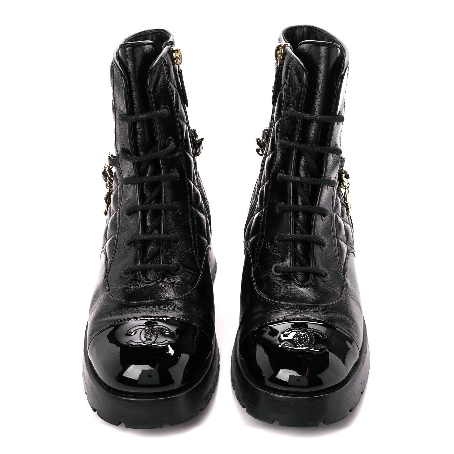 Chanel Shiny Calfskin Patent Quilted Chain Lace Up Combat Boots 39 Black 2 of 9