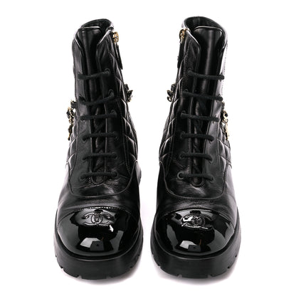 Chanel Shiny Calfskin Patent Quilted Chain Lace Up Combat Boots 39 Black 2 of 9
