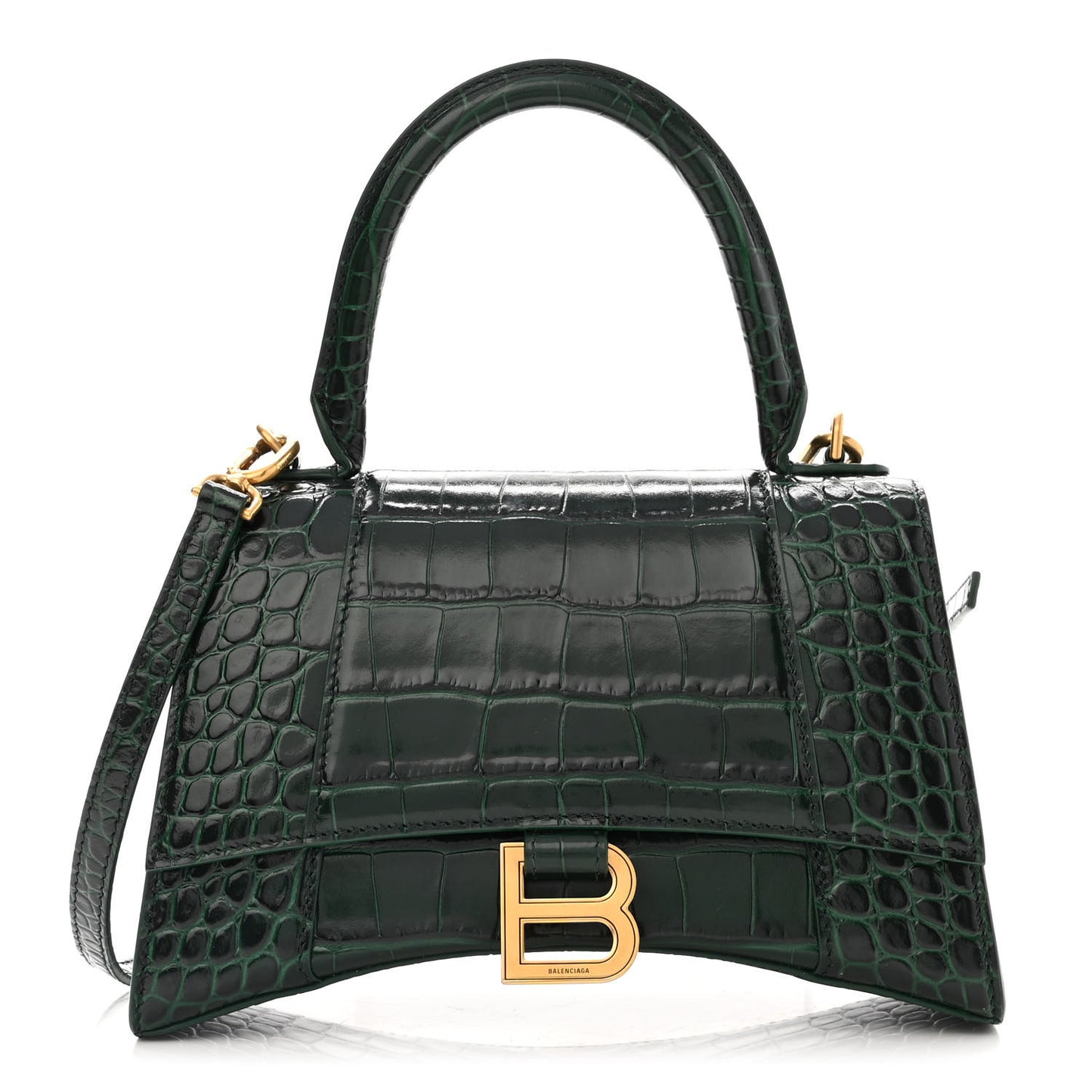 Shiny Calfskin Crocodile Embossed Small Hourglass Top Handle Bag Forest Green