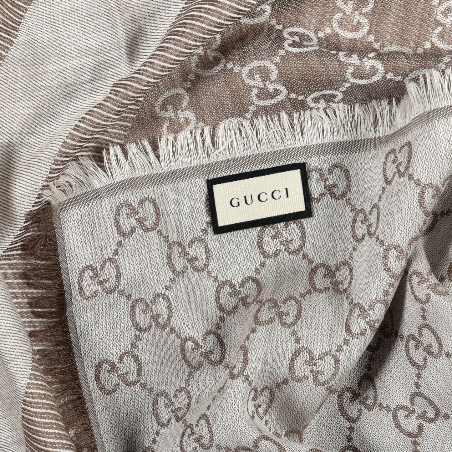 Wool Silk Monogram GGWeb Fringe Shawl Bitume Ivory