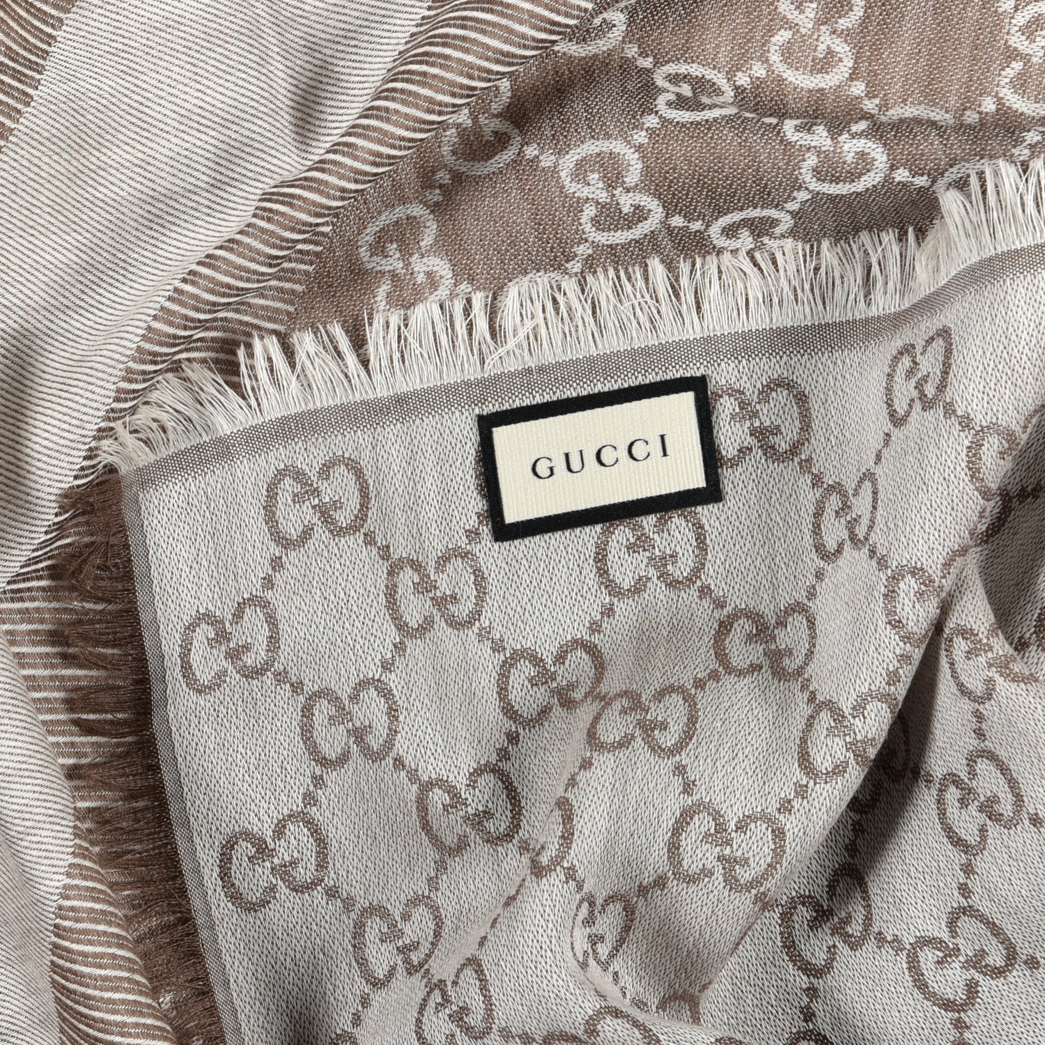 Gucci Wool Silk Monogram GGWeb Fringe Shawl Bitume Ivory 3 of 4