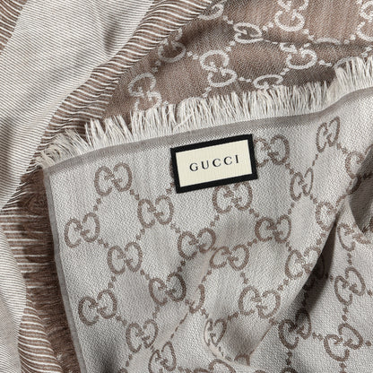 Gucci Wool Silk Monogram GGWeb Fringe Shawl Bitume Ivory 3 of 4