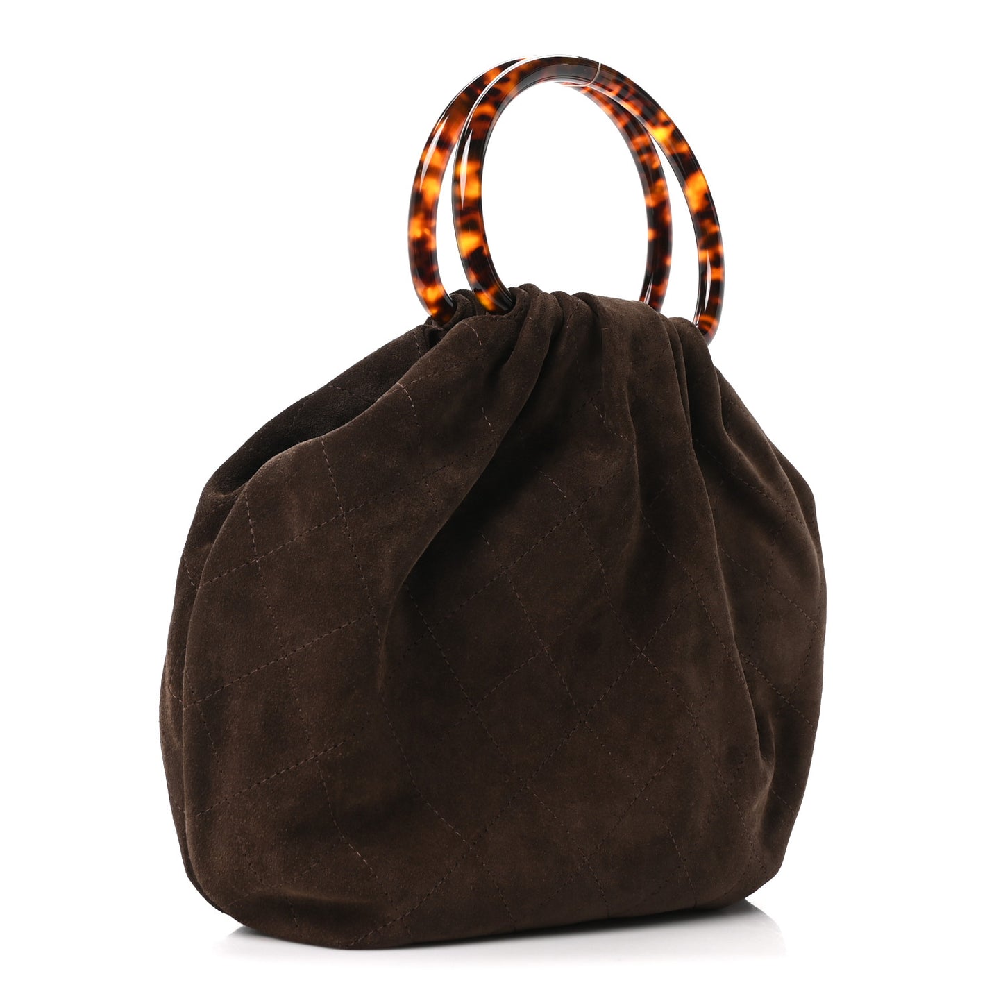 Suede Calfskin Plexiglass Tortoise Shell Quilted Pouch Dark Brown