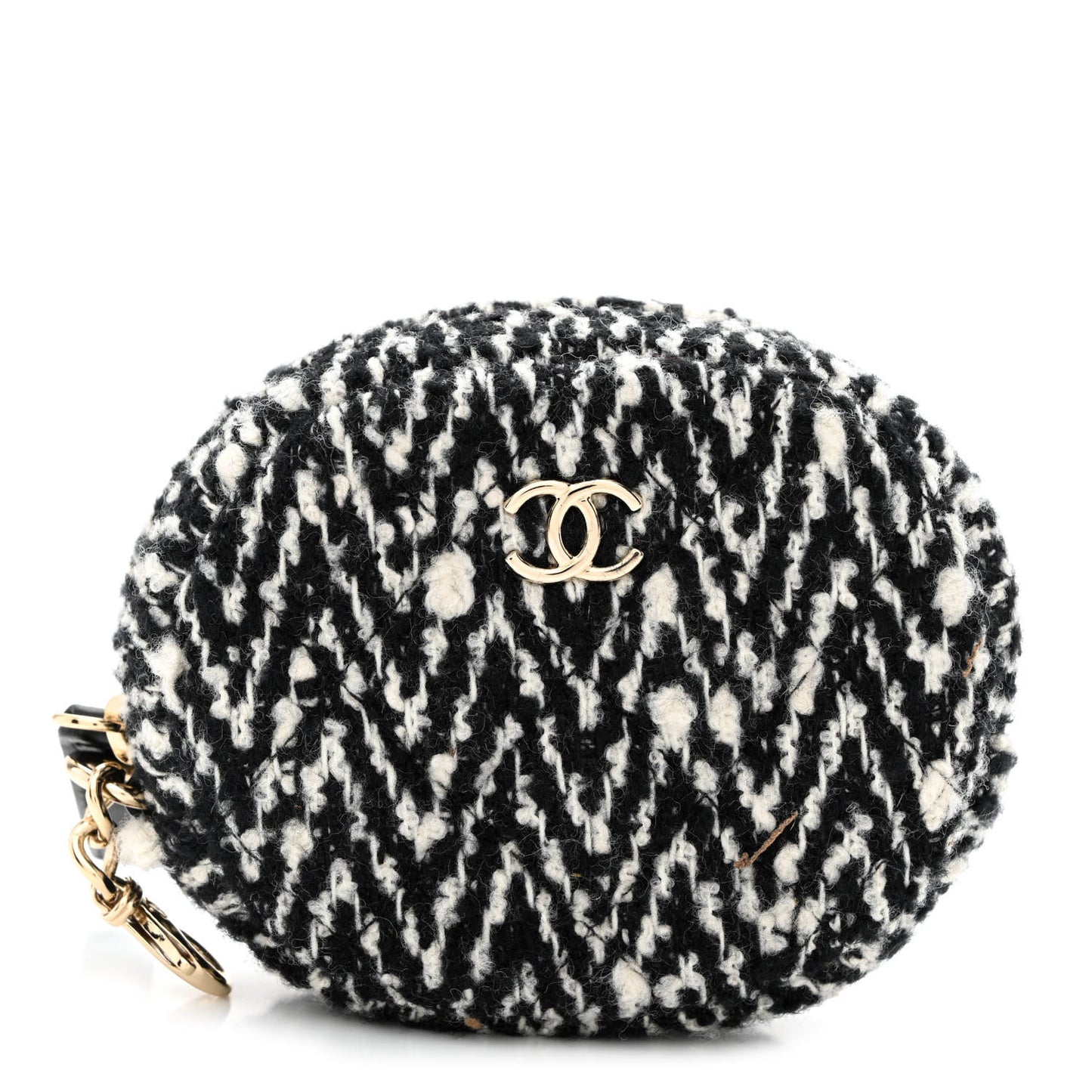 Tweed Shearling Round Clutch With Chain and Coin Purse Black and White