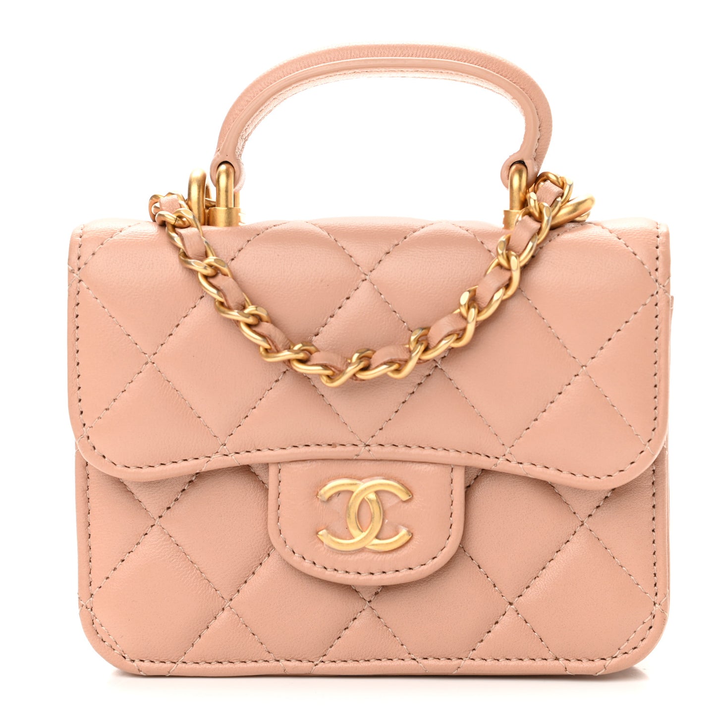 Lambskin Quilted Top Handle Flap Coin Purse With Chain Beige
