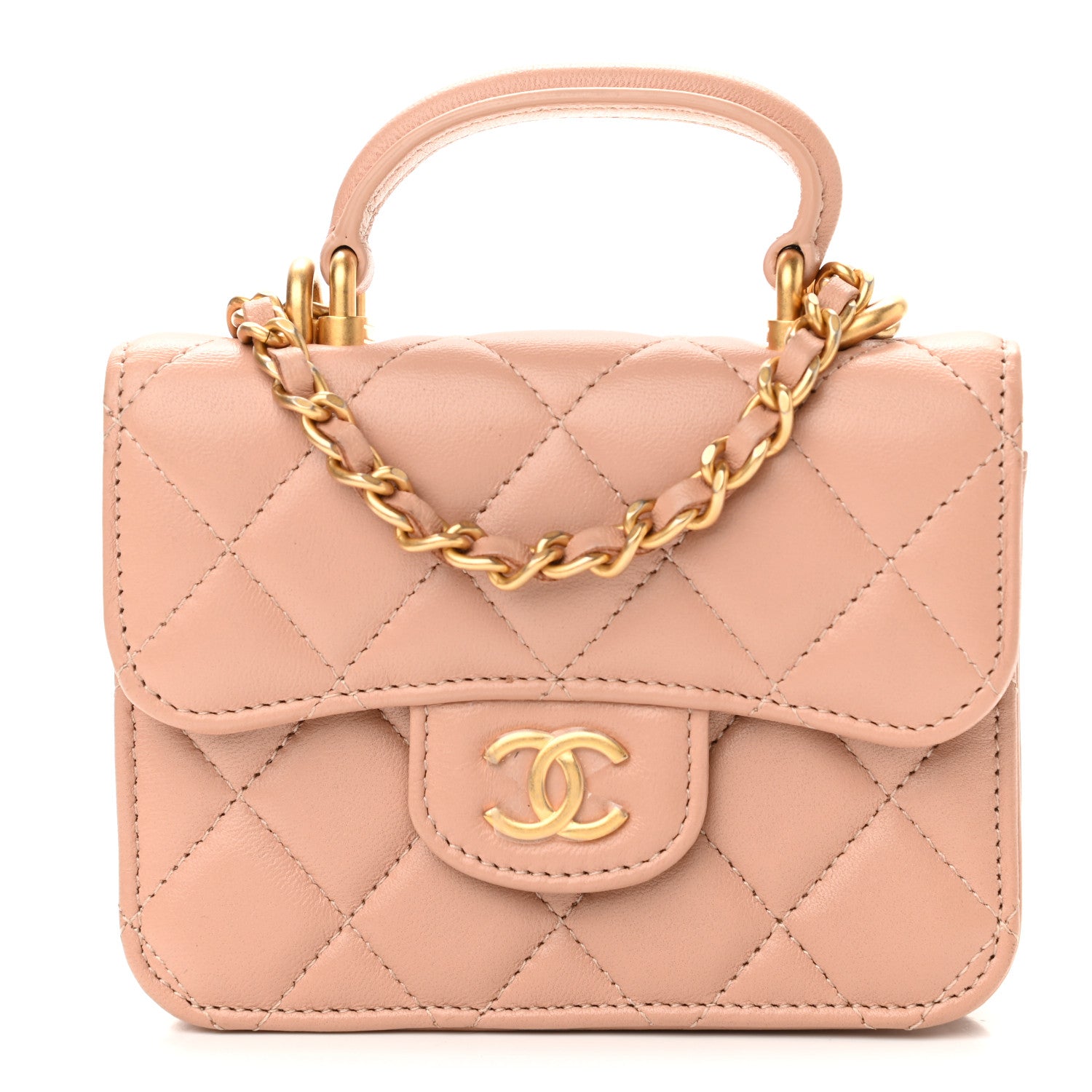 Chanel Lambskin Quilted Top Handle Flap Coin Purse With Chain Beige 2 of 13