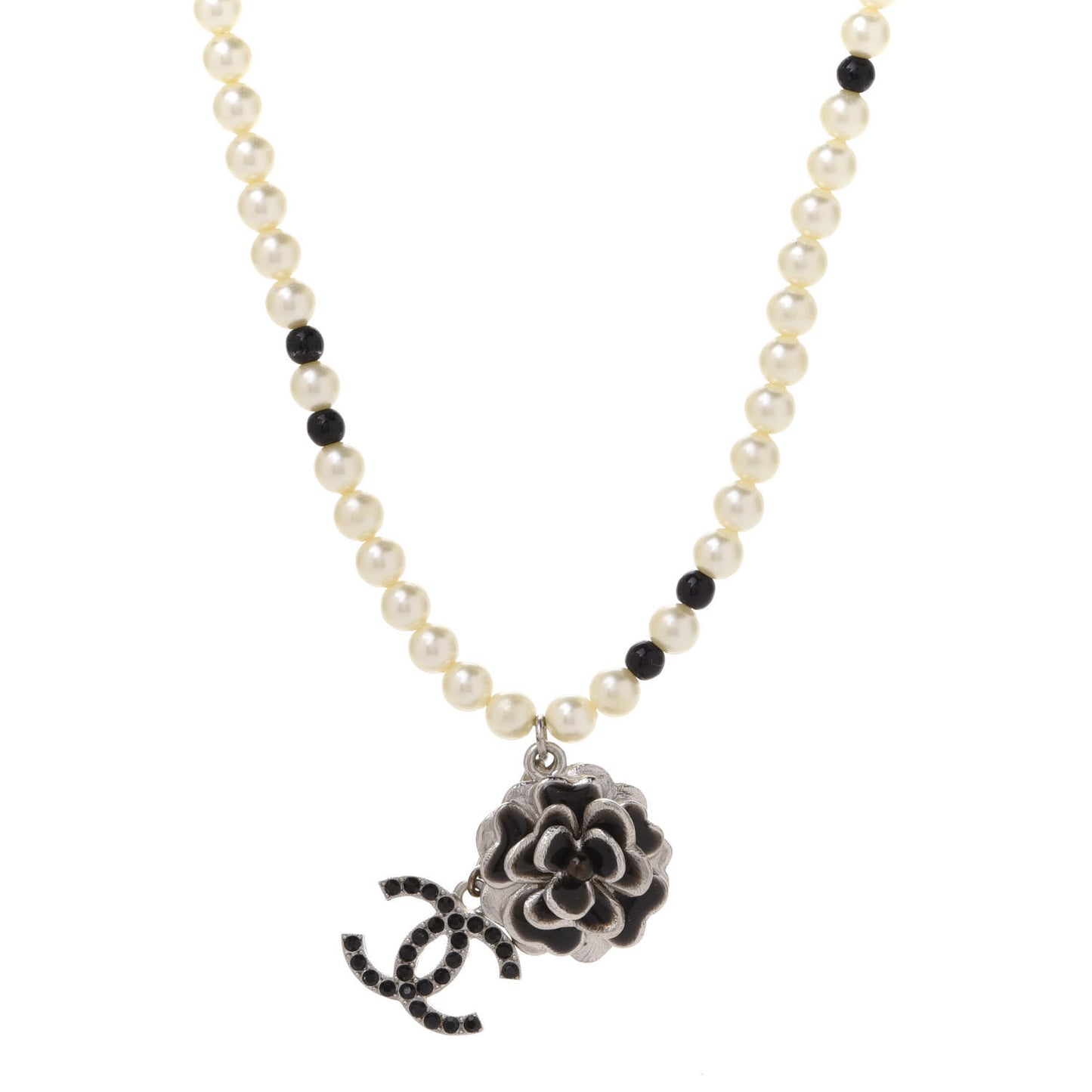 Crystal Pearl Enamel Beaded Camellia CC Necklace Silver Black