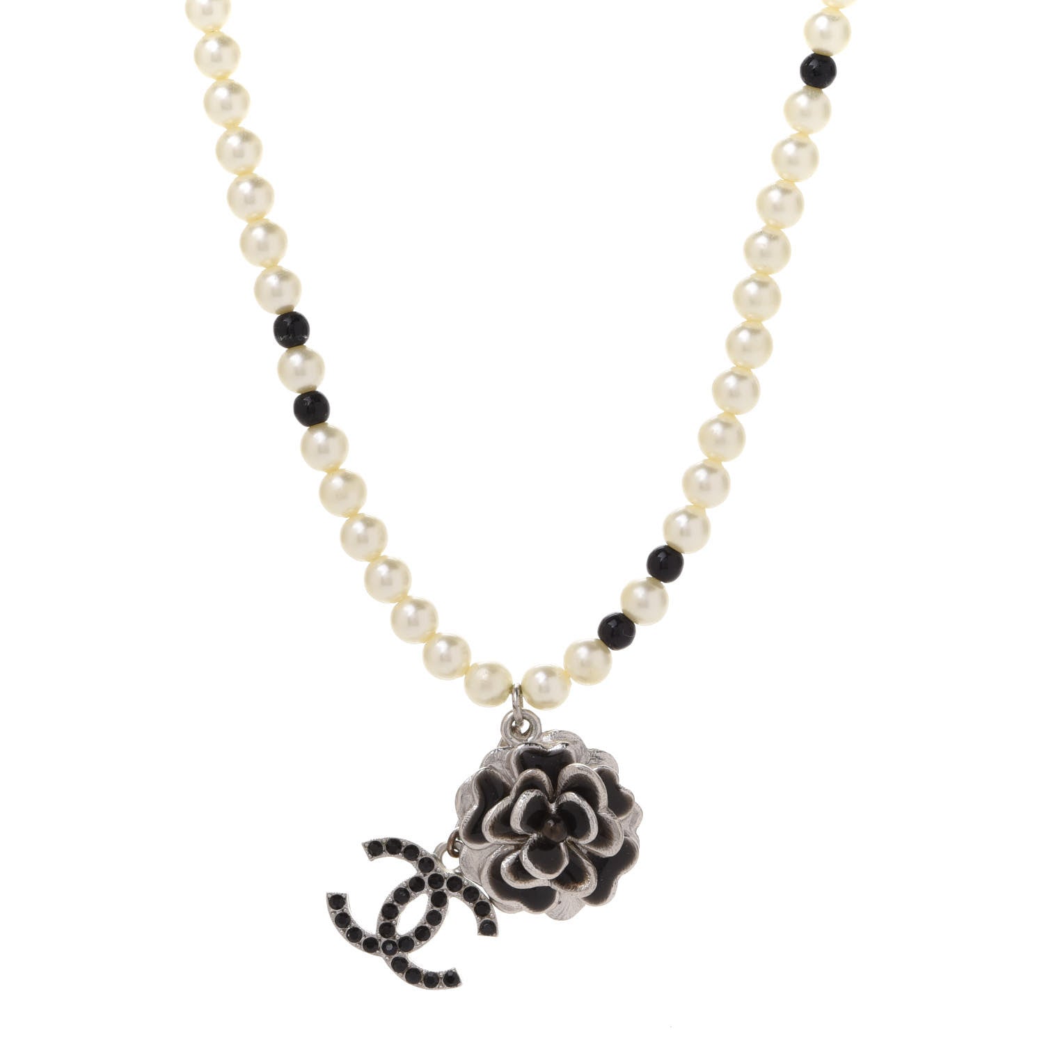 Chanel Crystal Pearl Enamel Beaded Camellia CC Necklace Silver Black 1 of 6