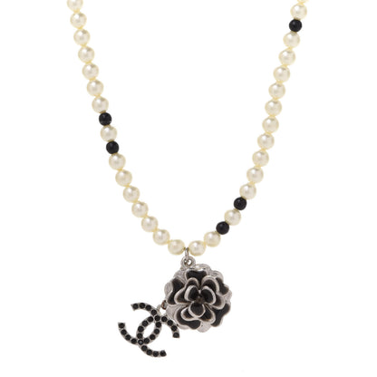 Chanel Crystal Pearl Enamel Beaded Camellia CC Necklace Silver Black 1 of 6