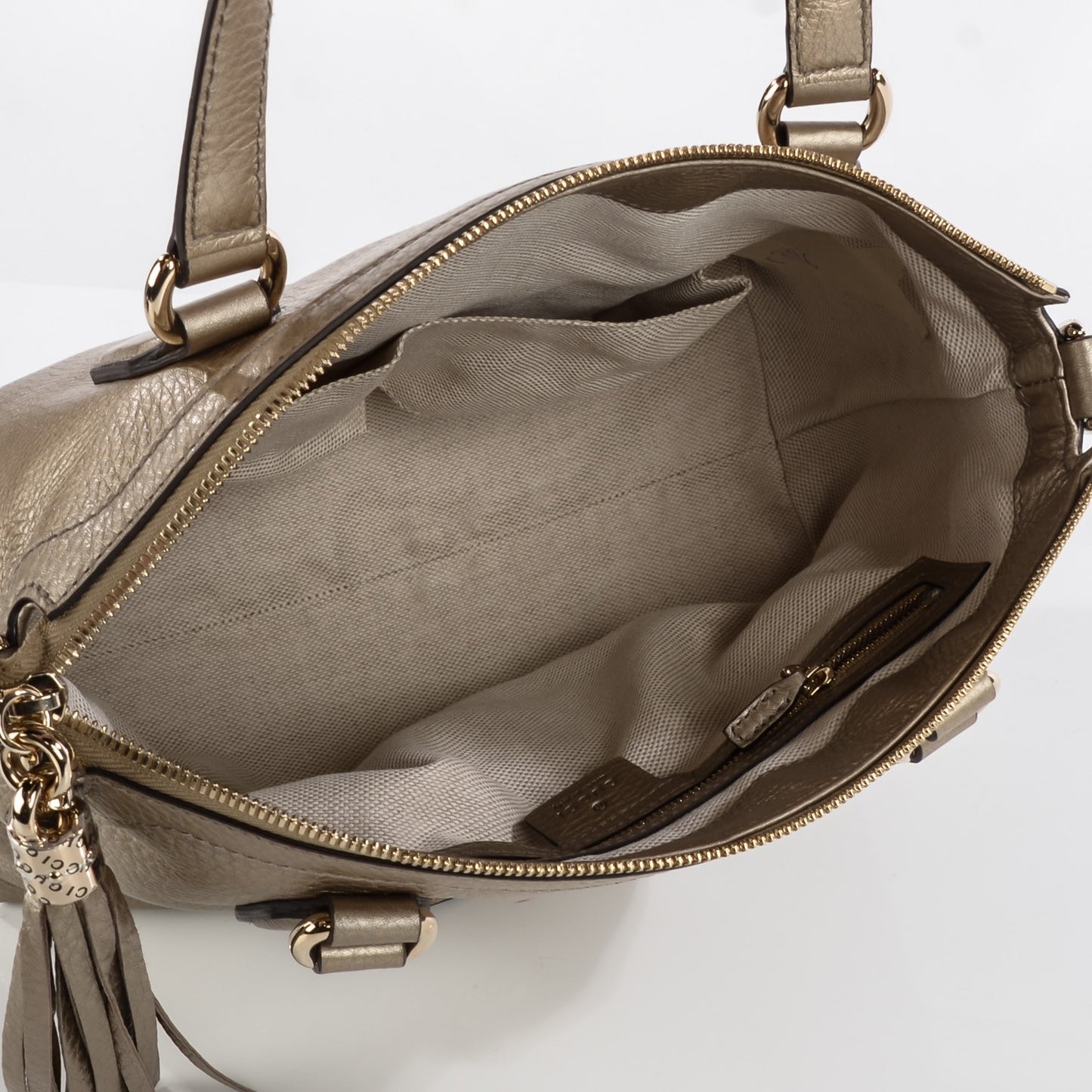 Metallic Cellarius Calfskin Small Soho Top Handle Satchel Golden Beige