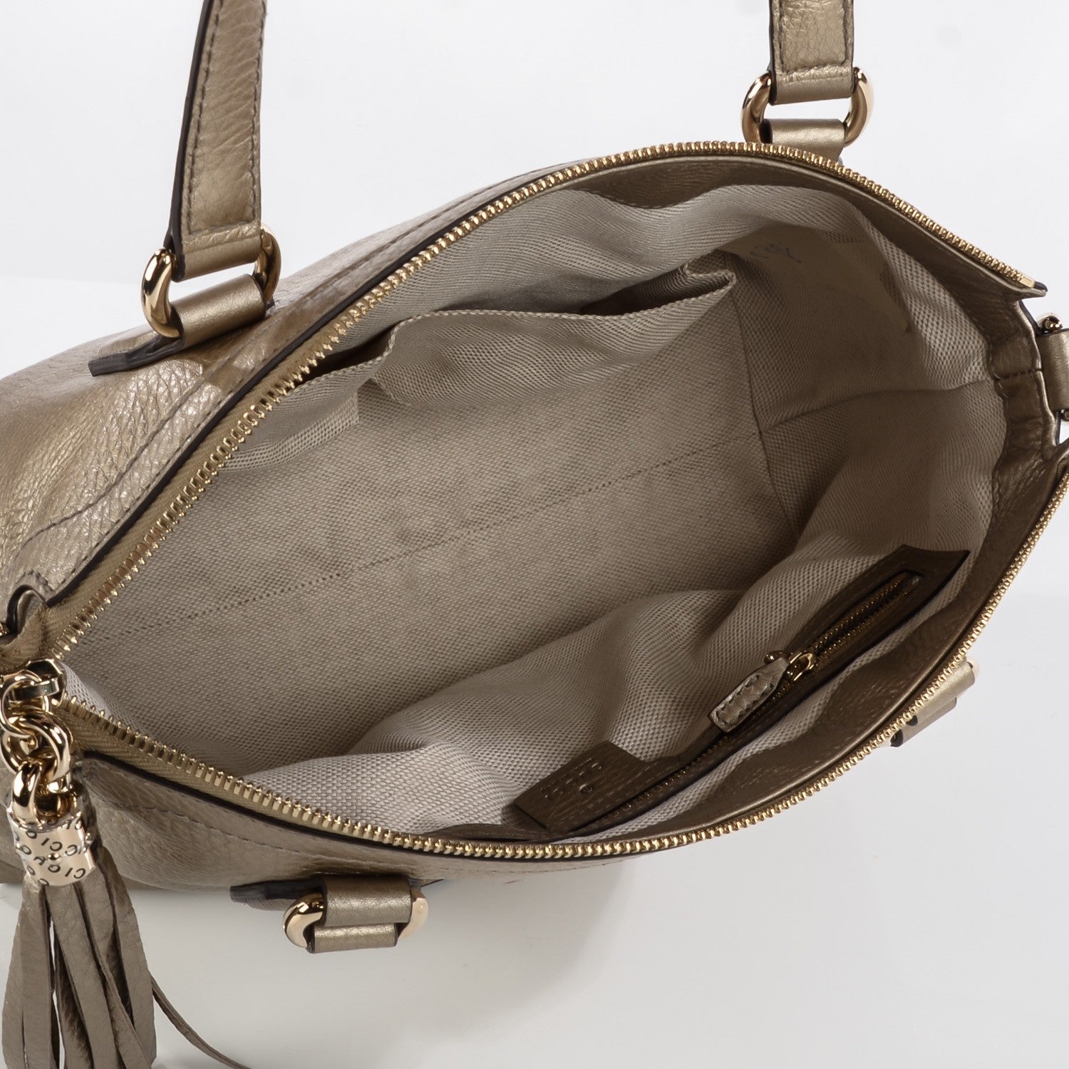 Gucci Metallic Cellarius Calfskin Small Soho Top Handle Satchel Golden Beige 7 of 7