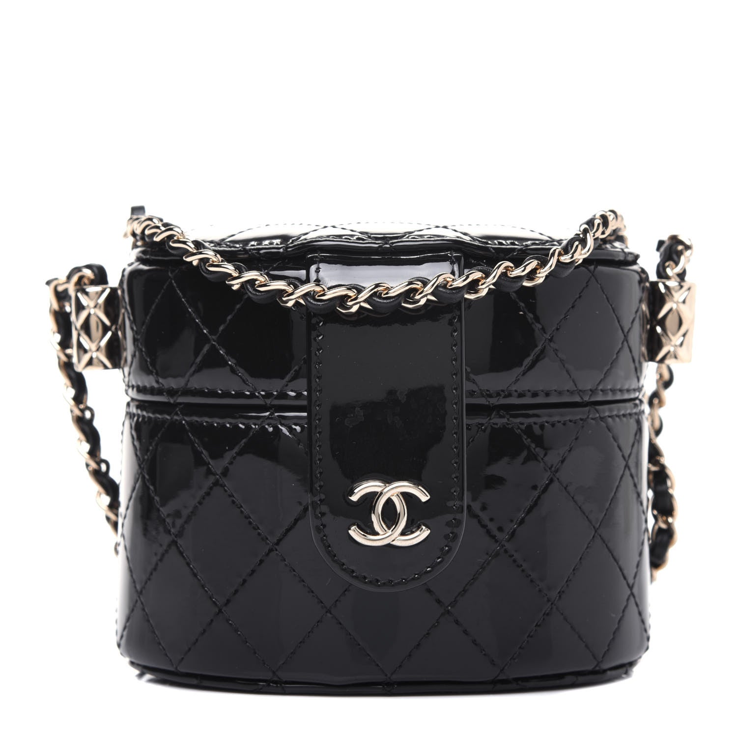 Chanel Patent Quilted Round Mini Vanity Case With Chain Black 1 of 12