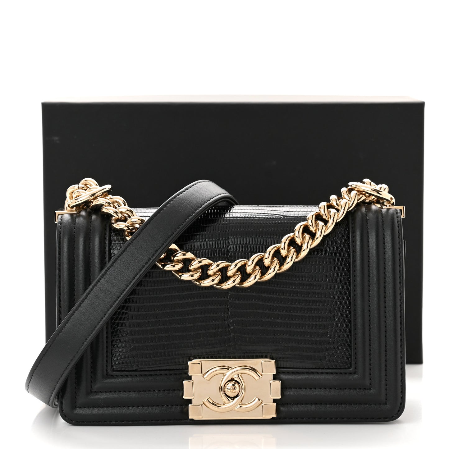 Lizard Calfskin Small Boy Flap Black