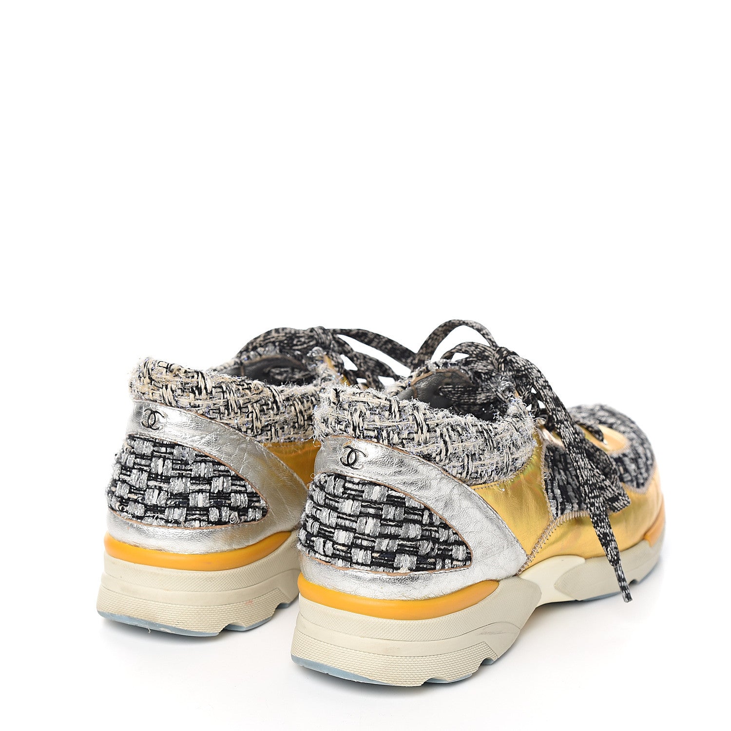 Chanel Tweed Lambskin Tennis Sneakers 37.5 Black White Argent 4 of 8