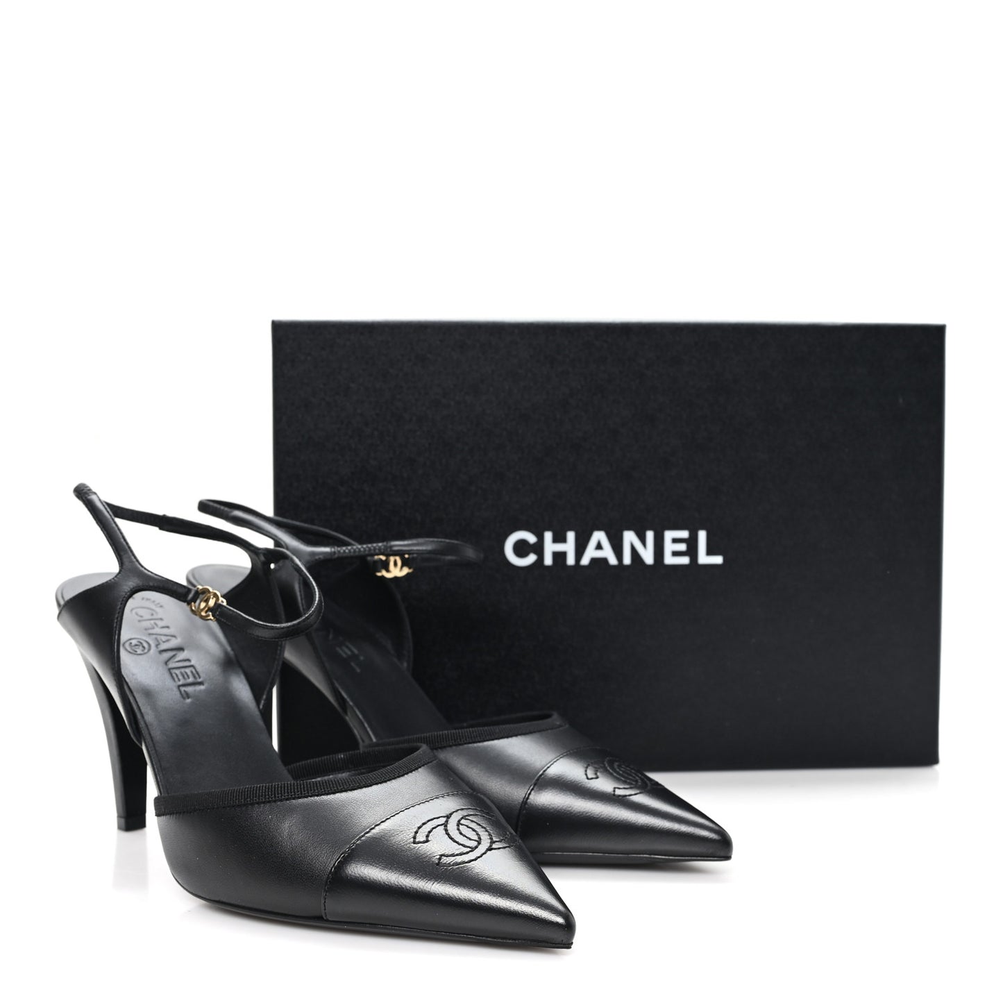 Iridescent Lambskin Pointed Cap Toe CC Slingback Pumps 41 Black