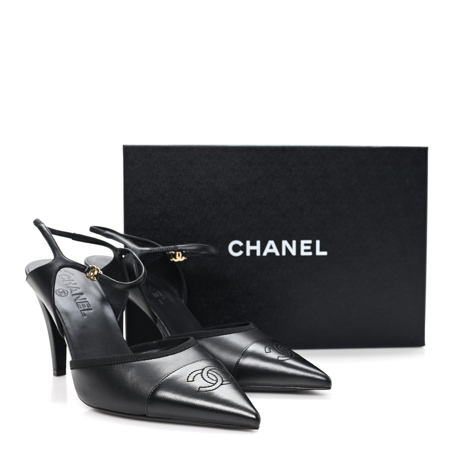 Chanel Iridescent Lambskin Pointed Cap Toe CC Slingback Pumps 41 Black 10 of 10