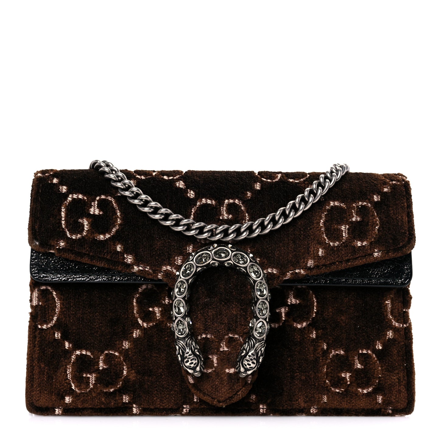 Velvet Skipper Crystal GG Monogram Super Mini Dionysus Shoulder Bag Brown Black Black Diamond