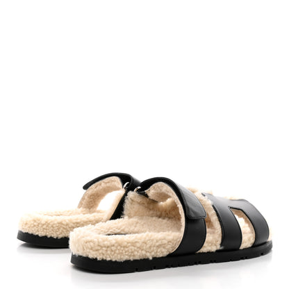 Hermes Calfskin Woolskin Womens Chypre Sandals 39 Black Ecru 4 of 10