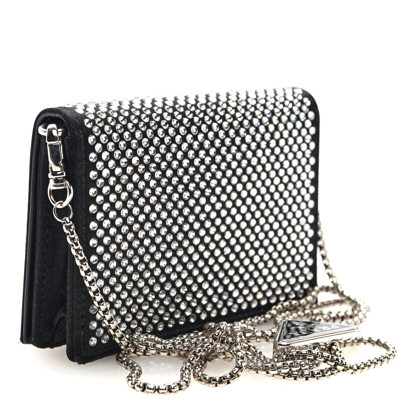 Satin Crystal Metal Triangle Logo Card Holder With Strap Cristal Cristal